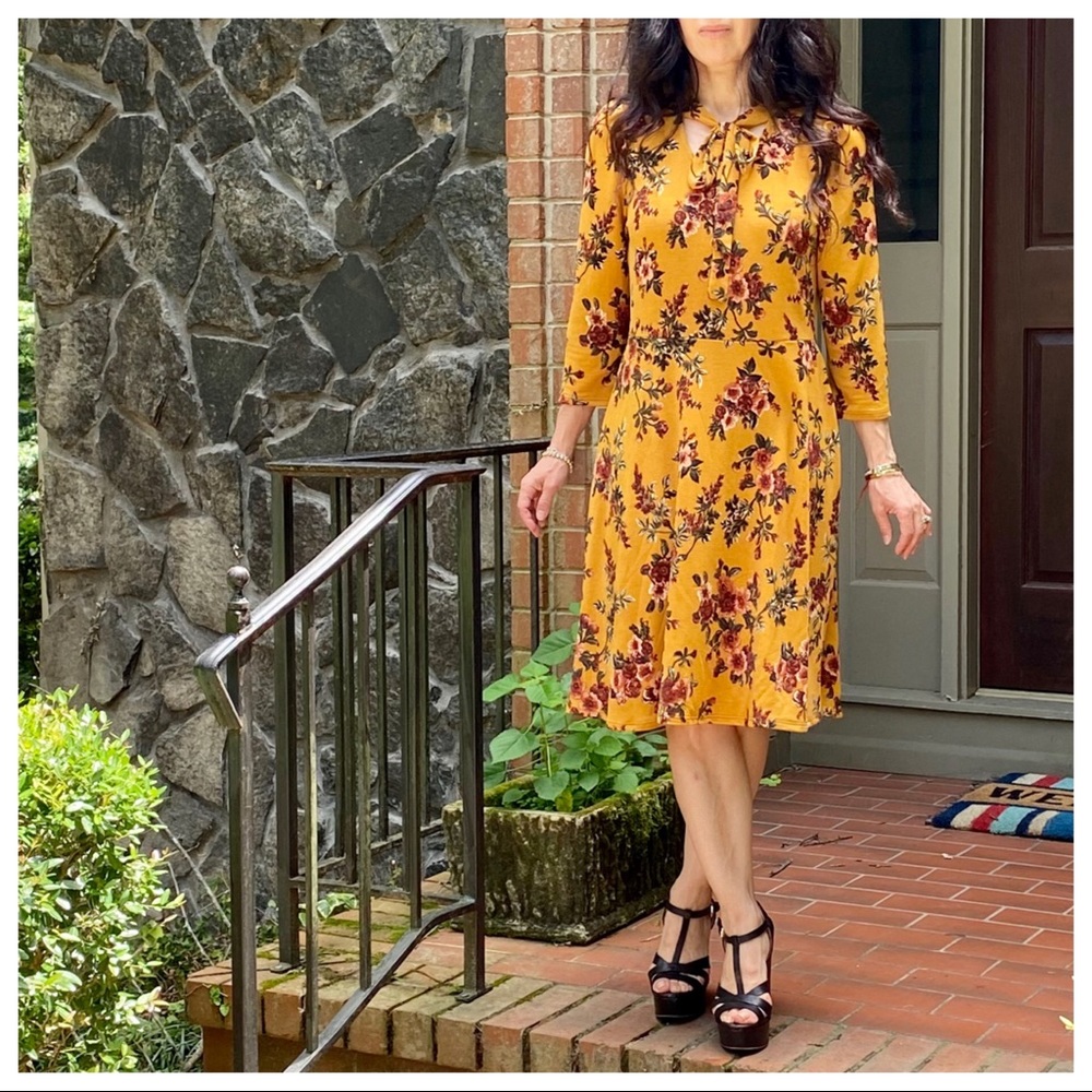 BEAUTIFUL MUSTARD FLORAL TIE NECK DRESS - Picture 11 of 11